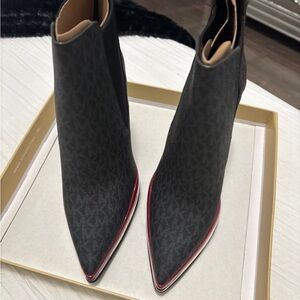 Michael Kors Black Logo Pointed Ankle Booties with Red Trim